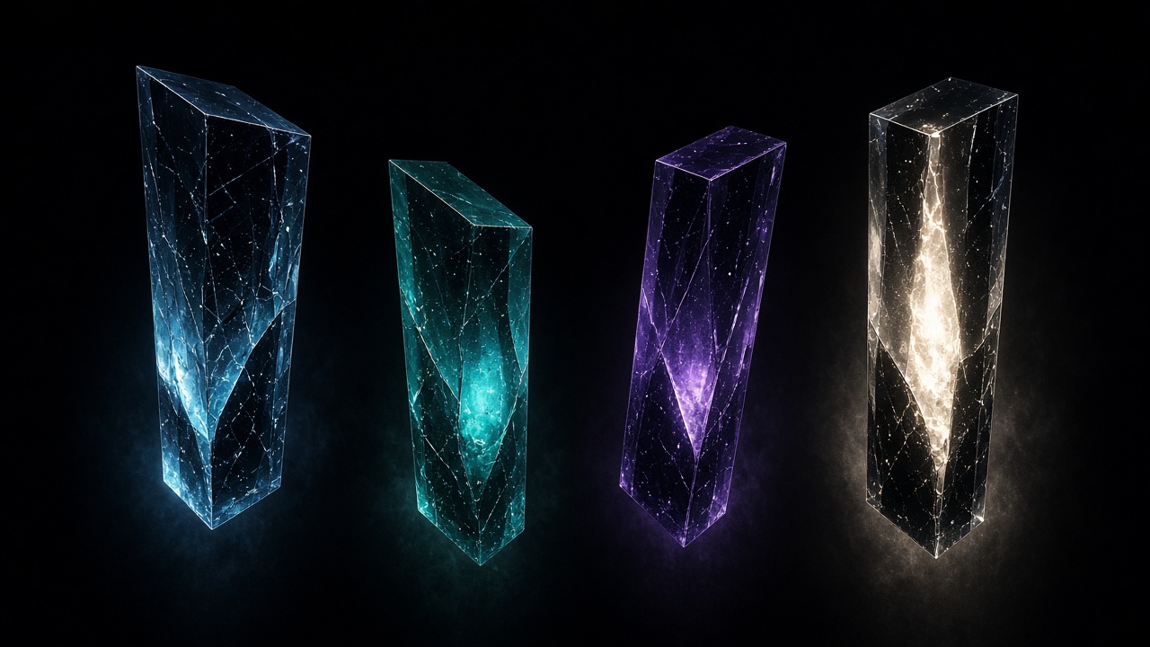 Four glass monoliths in blue, teal, violet, and white